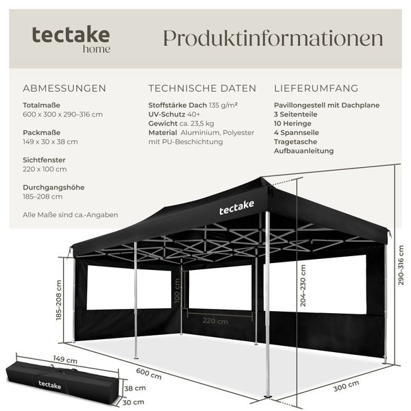 Infografik zum schwarzen tectake Faltpavillon 600 mal 300 Zentimeter mit technischen Daten zu Maßen, Material aus Aluminium und Polyester.