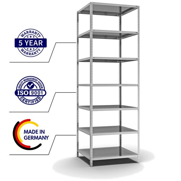 PROREGAL Fachbodenregal Schraubsystem Medium-Duty Grundregal HxBxT 300 x 100 x 80 cm 7 Ebenen Fachlast 200 kg Beidseitig Nutzbar Verzinkt
