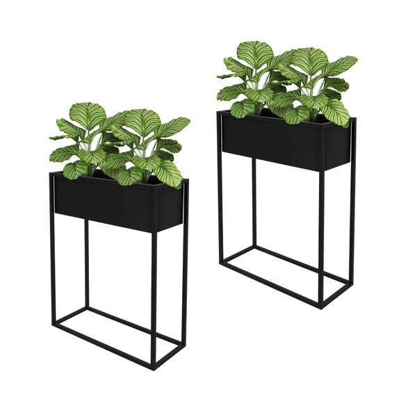 ML-Design 2er Set Blumenständer Schwarz Metall, 60x25x78 cm, stehend, Rechteckiger Übertopfständer für Pflanzen, Innenbereich, Design Pflanzenständer Blumenkasten Pflanzenkasten Hochbeet Balkonkasten