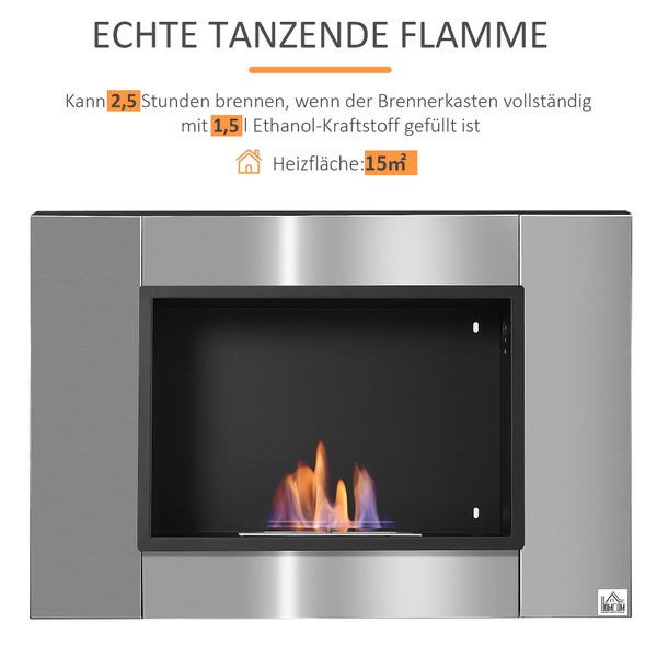 HOMCOM, Ethanol-Kamin, Bio-Ethanol-Brenner, L80 x B14 x H54 cm, Edelstahl, Eisen, Silber