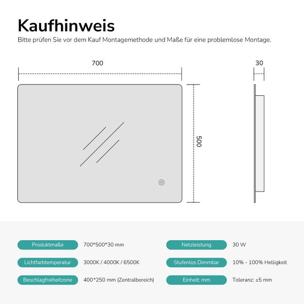 Technische Zeichnung eines Badspiegels mit Maßen 700 mal 500 mal 30 Millimeter, 3000 bis 6500 Kelvin, 30 Watt und stufenlos dimmbar.