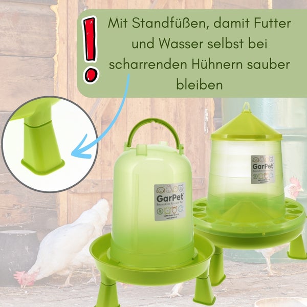 GarPet Futterautomat und Wasserbehälter für Hühner mit Füßen.