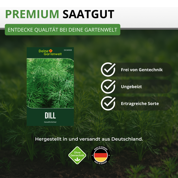 Deine Gartenwelt Logo, Premium Saatgut Dill, Gewöhnlicher, gentechnikfrei, ungebeizt, ertragreich, hergestellt in Deutschland.