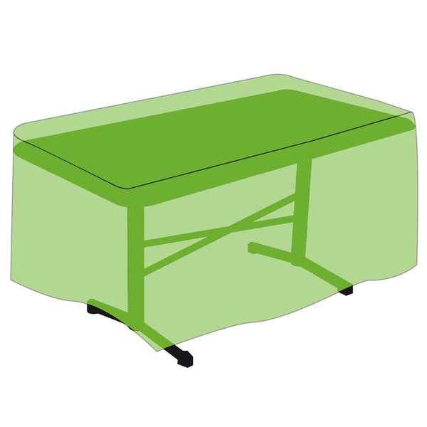 Grüne Schutzhülle für einen rechteckigen Tisch.