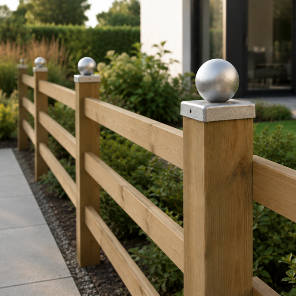Gartenzaun aus Holz mit quadratischen Pfosten und dekorativen Metallkugelkappen in einem gepflegten Gartenbereich.