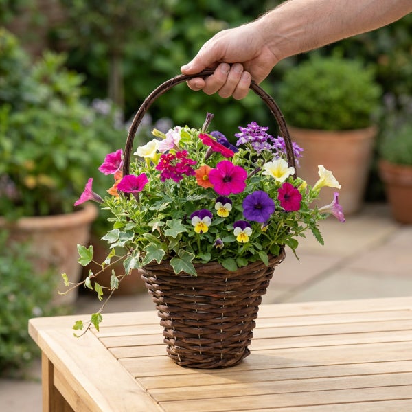 Eine Hand hält einen geflochtenen Weidenkorb mit bunt blühenden Gartenblumen auf einem Holztisch im Garten.