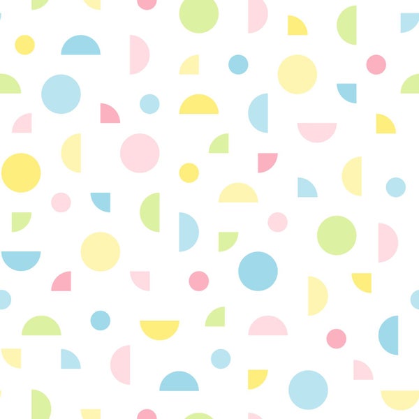 Tapete mit geometrischem Muster aus bunten Kreisen und Halbkreisen in Pastellfarben.