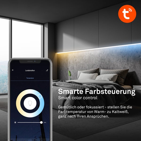 Smartphone App zur smarten Farbsteuerung eines Lichtstreifens in einem Schlafzimmer zur Einstellung der Farbtemperatur und Tuya Smart Logo.