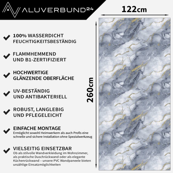 PVC Wandpaneel mit Marmoroptik und Goldadern, 122 mal 260 Zentimeter, feuchtigkeitsbeständig, flammhemmend und einfach zu montieren.