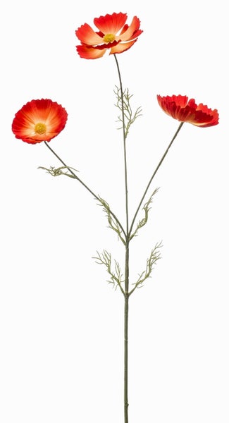 Künstlicher Schmuckkörbchen-Zweig mit drei roten Blüten und grünen Blättern.