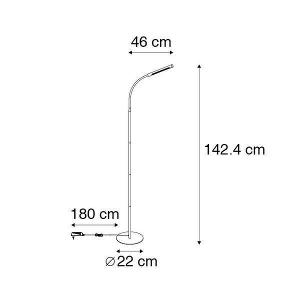 Maße der Stehleuchte: 142,4 cm Höhe, 46 cm Ausladung, 22 cm Durchmesser des Fußes, 180 cm Kabellänge