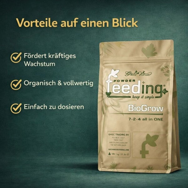 Pulverförmiger Bio Grow Dünger von Green House Feeding in einer Verpackung.