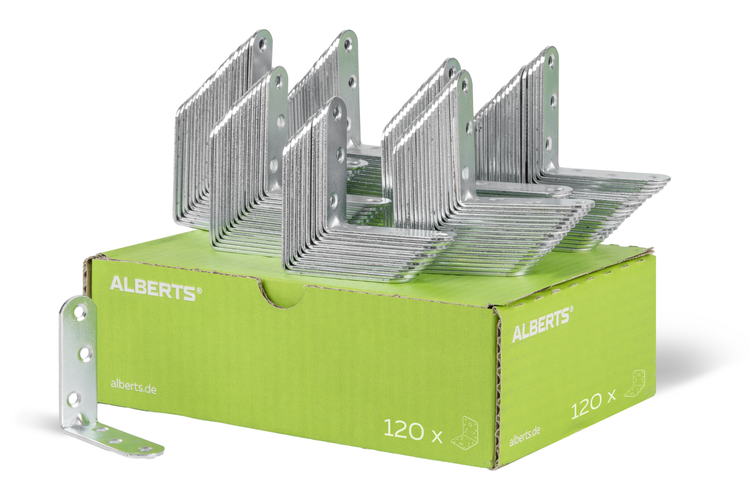 Set mit 120 Alberts Winkelverbindern aus verzinktem Stahl in einer Produktverpackung