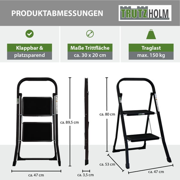 Technische Zeichnung der Trutzholm Haushaltsleiter mit zwei Stufen und Bemaßung, klappbar mit maximaler Traglast von 150 Kilogramm.