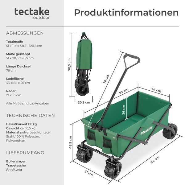 Bollerwagen tectake Heidrun inklusive Tragetasche, Belastbarkeit 80 kg faltbar grün