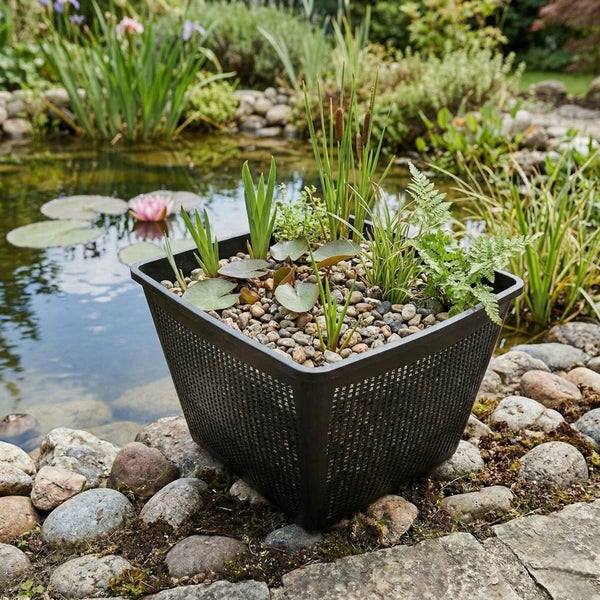Quadratischer schwarzer Teichpflanzenkorb aus Kunststoff, bepflanzt mit verschiedenen Wasserpflanzen und Kies am Rand eines Teiches.