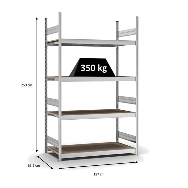 PROREGAL Weitspannregal Stecksystem T-Profil Grundregal HxBxT 250x150x60 cm 4 Ebenen Spanplatten Fachboden Fachlast 350 kg Verzinkt