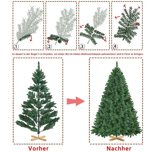 Abbildung eines künstlichen Weihnachtsbaums mit Ständer und Größenangaben