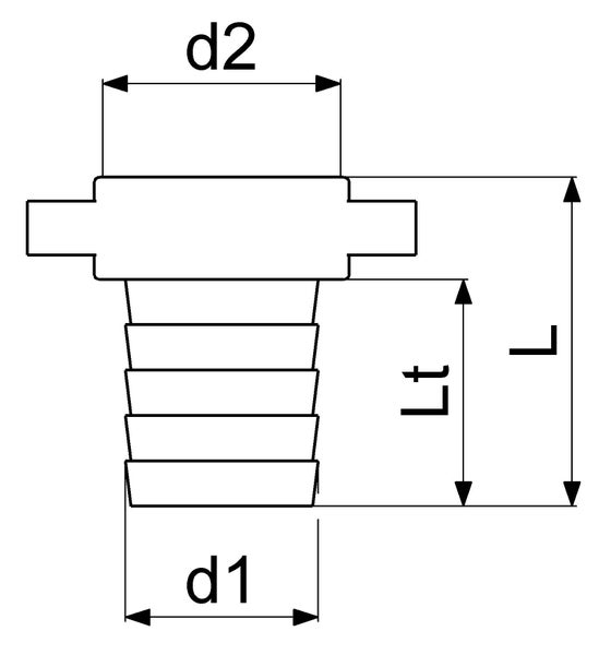 Technische Zeichnung eines Schlauchverbinders mit Massangaben d1, d2, L und Lt.