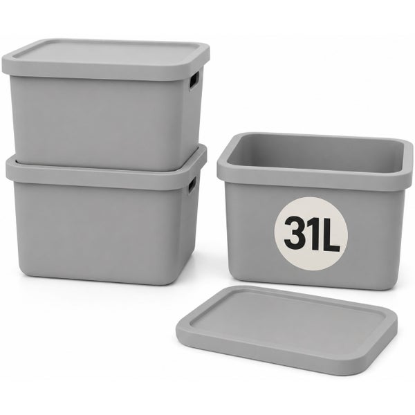 Drei Aufbewahrungsboxen mit Deckel, Kunststoffbehälter zur Organisation mit einem Fassungsvermögen von 31 Litern.
