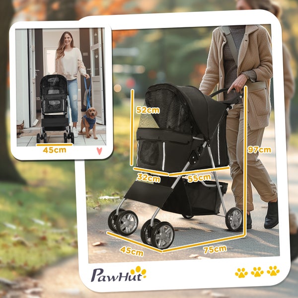 PawHut Hundebuggy mit Größenangaben und Frau mit Hund