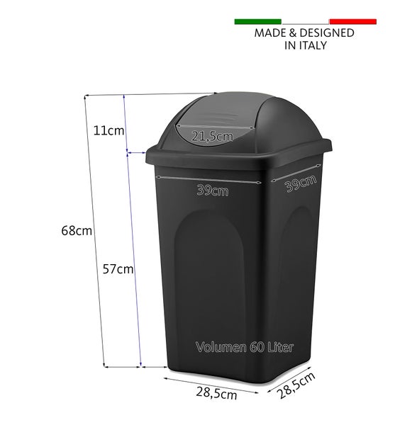 Abfalleimer mit Schwingdeckel, Volumen 60 Liter, Maße sind dargestellt
