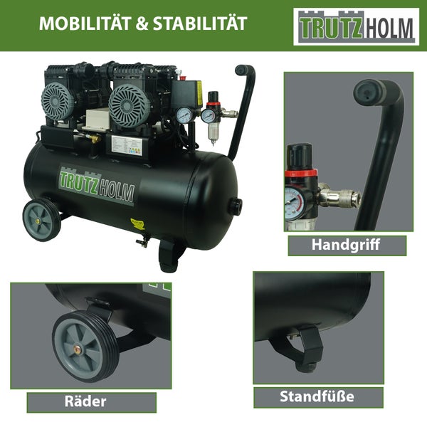 Trutzholm Luftkompressor mit zwei Motoreinheiten, schwarzem Druckluftbehälter, Rädern, Handgriff und Standfüßen.