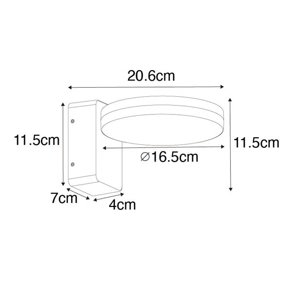 Technische Zeichnung einer Wandleuchte mit Maßen: Breite 20,6 Zentimeter, Höhe 11,5 Zentimeter, Tiefe 7 Zentimeter, Durchmesser 16,5 Zentimeter.
