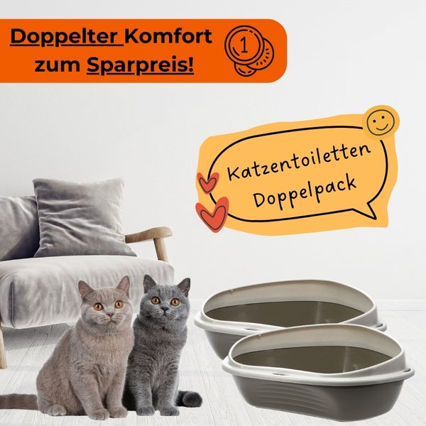 Zwei Katzentoiletten im Doppelpack neben zwei Katzen