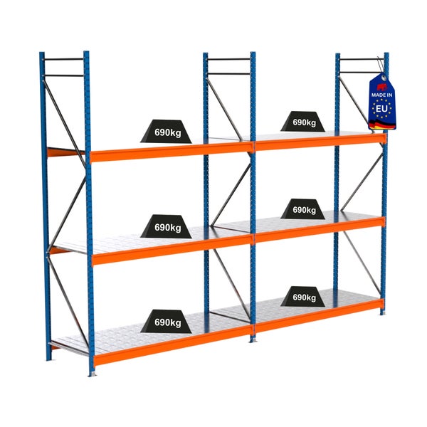 Metallregal mit sechs Lasten von 690 Kilogramm und Made in EU Siegel