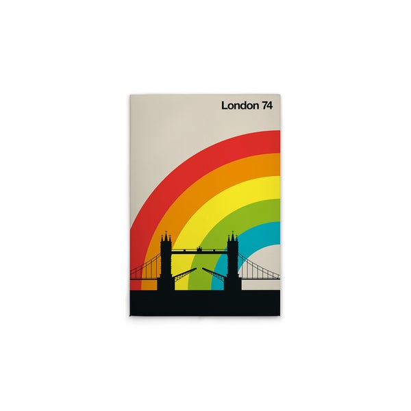 Poster mit der Silhouette der Tower Bridge und einem Regenbogen im Stil der 70er Jahre