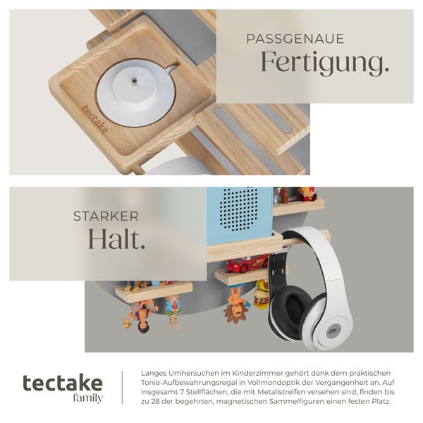 Wandregal aus Holz fuer Toniebox Figuren mit sieben Ablagen und integrierter Ladestation zur Wandmontage fuer Kinderzimmer.