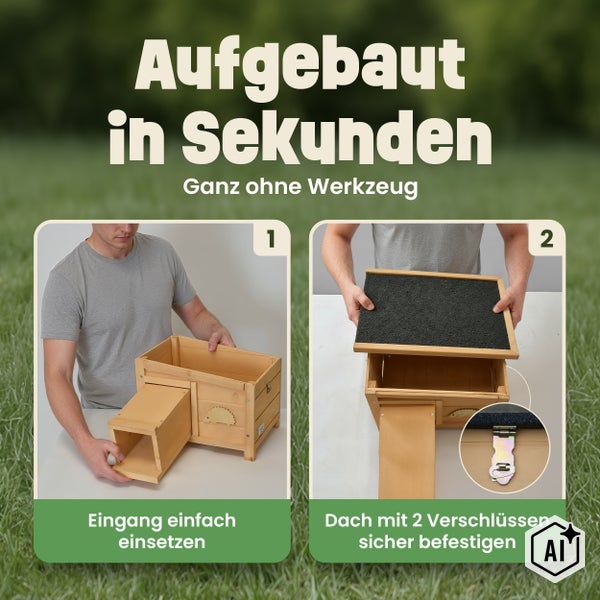 Anleitung zum werkzeuglosen Aufbau eines Igelhauses aus Holz in zwei Schritten: Eingang einsetzen und Dach mit Verschlüssen sichern.