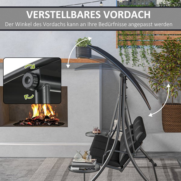 Outsunny Hollywoodschaukel mit Couchtische, 3-Sitzer Gartenschaukel mit verstellbarem Sonnendach, Schaukelbank belast bis 300kg, für Garten, Terrasse, 278 x 135 x 177 cm, Schwarz