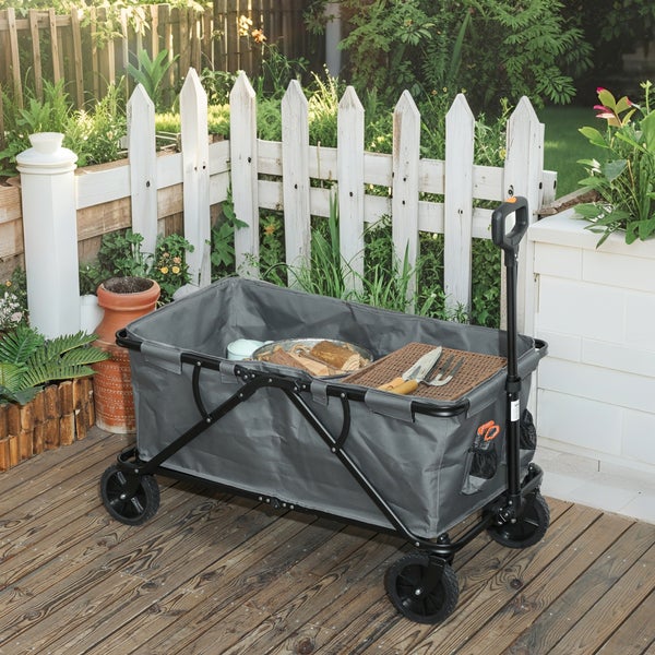 Outsunny Gartenwagen 120 kg belastbar, klappbar Transportwagen mit herausnehmbare Plane, Griff, Rädern, Lenkachse, Bollerwagen Handwagen Gartenkarre 160 Liter Gerätewagen für Haus Garten, Dunkelgrau