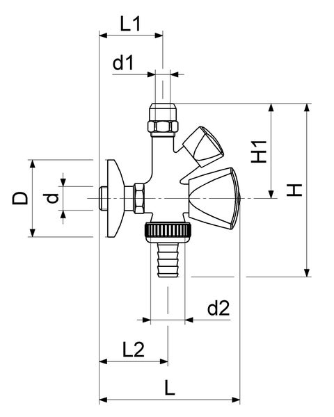 Maßzeichnung eines Kombieckventils mit detaillierten Angaben zu Länge Höhe und Durchmesser.