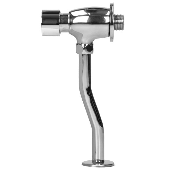 Urinal-Druckspüler aus verchromtem Metall mit gebogenem Spülrohr und Druckknopf.