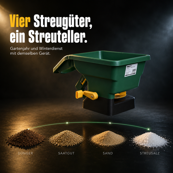 Handstreuer mit Kurbel für Dünger, Saatgut, Sand und Streusalz, ideal für die ganzjährige Nutzung im Garten und Winterdienst.