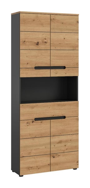 Hochschrank mit Fronten in Eichenoptik und grauem Korpus, offenes Fach in der Mitte.