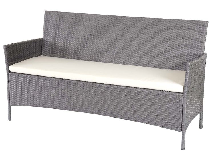 Gartenbank aus Polyrattan mit Sitzkissen, Grau mit hellem Polster.