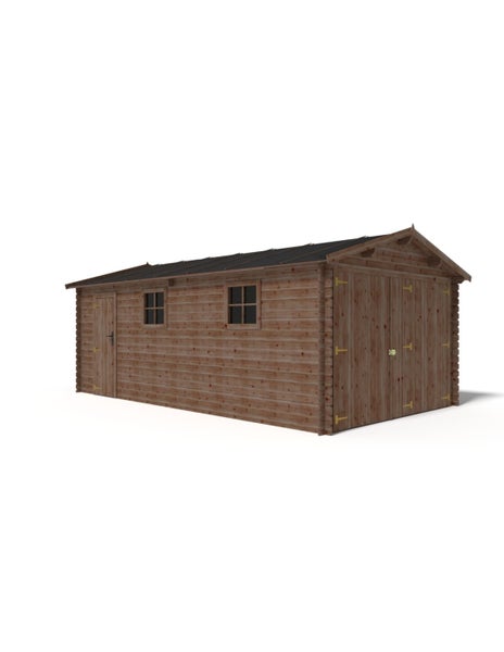 Große Holzgarage aus Blockbohlen mit Satteldach, Doppeltür an der Vorderseite, Seitentür und zwei Fenstern.