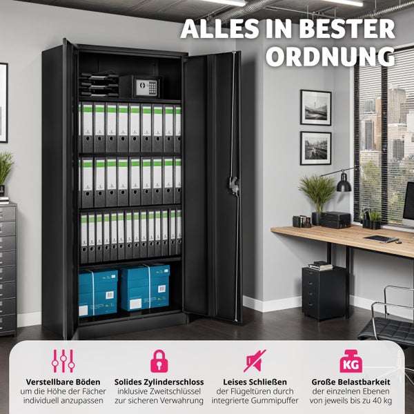 Aktenschrank tectake  180 x 90 x 40 cm aus pulverbeschichtetem Stahl schwarz