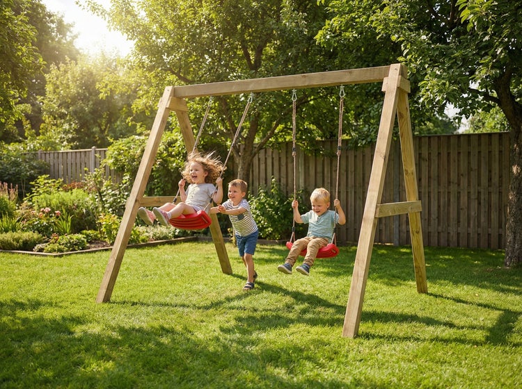 Holzschaukel mit zwei Schaukelsitzen im Garten, Kinder spielen auf einer Rasenfläche vor einem Holzzaun.