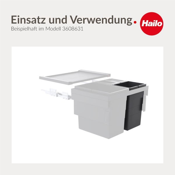 Hailo Abfalltrennsystem für den Einbau in Küchenschränke, Darstellung von Einsatz und Verwendung. Hailo Logo.