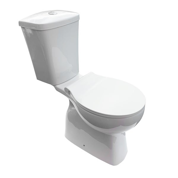 Bodenstehende Toilette aus weißer Keramik mit Spülkasten und geschlossenem Deckel.