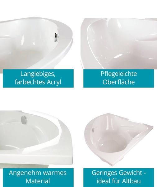 Detailansichten einer asymmetrischen Eckbadewanne aus Acryl mit Hinweisen zu Langlebigkeit, Pflegeleichtigkeit, warmem Material und geringem Gewicht.