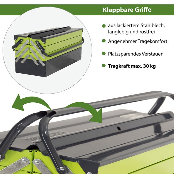 Werkzeugkasten aus Stahlblech mit klappbaren Griffen für platzsparendes Verstauen und einer maximalen Tragkraft von 30 Kilogramm.