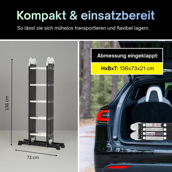 Kompakte Mehrzweckleiter, eingeklappt 136 mal 73 mal 21 Zentimeter, zeigt einfache Transportmöglichkeit im Kofferraum und platzsparende Lagerung.