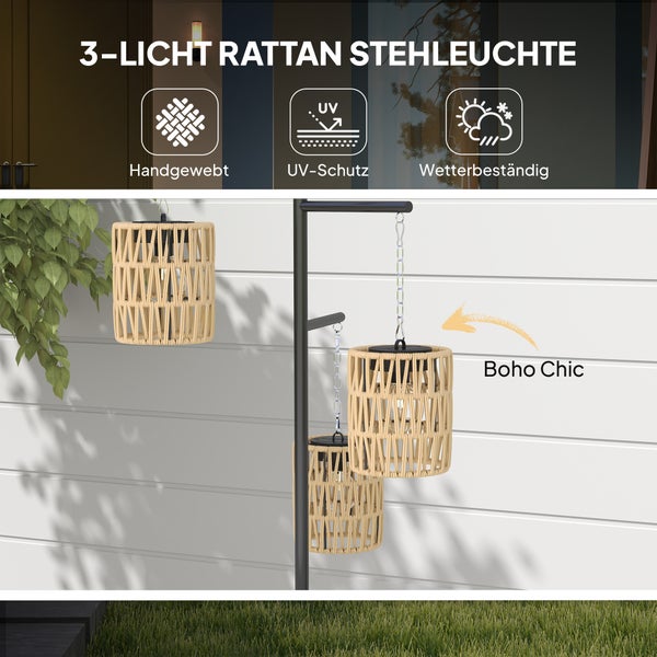 Outsunny Solar Stehlampe Rattan Solarlampen mit Lichtsensor 3 Lichten Automatische Solarleuchte im Boho-Stil IP44 Wasserdichte Solarlampe Outdoor Lampe Solarlaterne für Garten Balkon Außen Rasen Hof