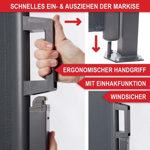 Ergonomischer Handgriff einer Seitenmarkise mit Einhakfunktion für schnelles Ausziehen und Einziehen, windsichere Befestigung.
